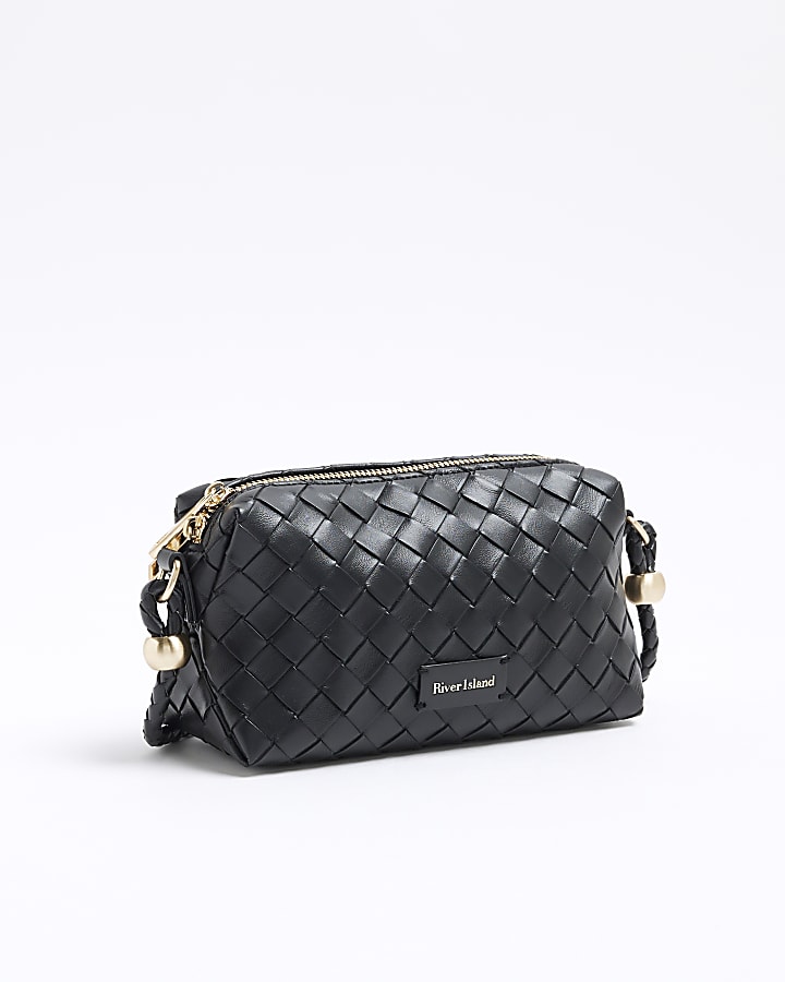 Black Faux Leather Weave Cross Body Bag