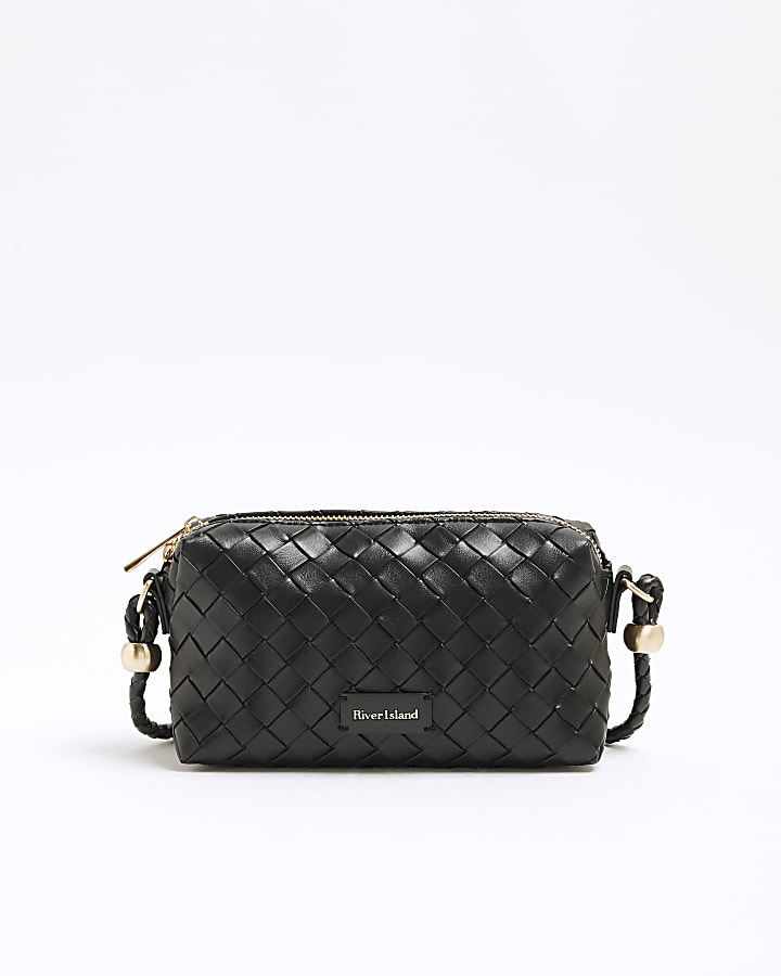 Black Faux Leather Weave Cross Body Bag