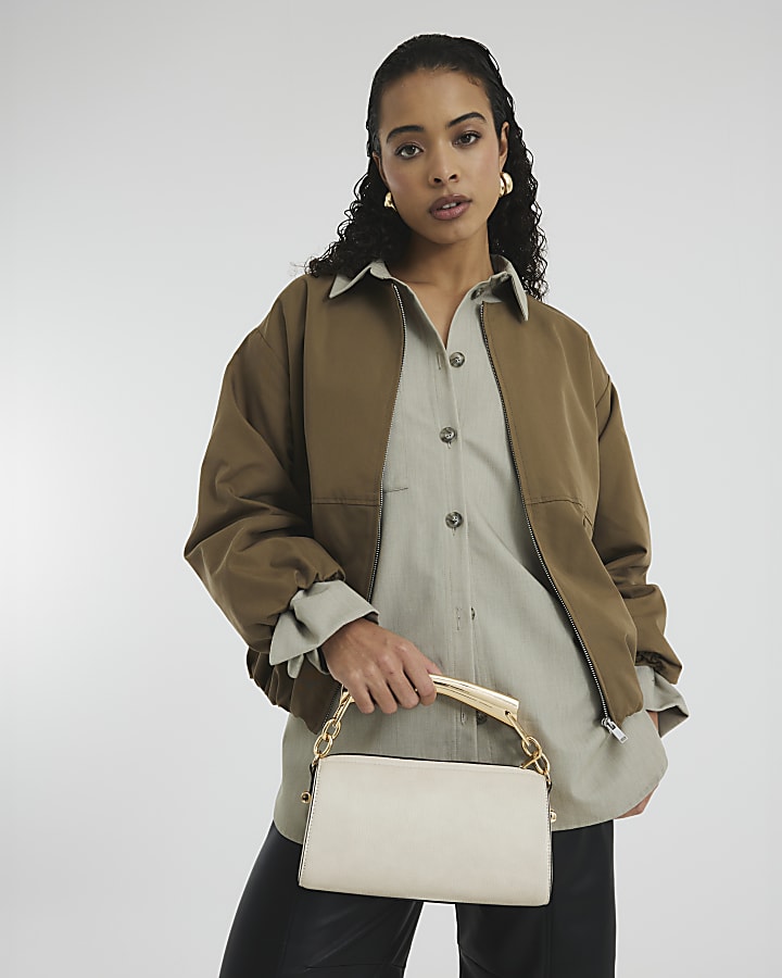 Cream Metal Handle Crossbody Bag