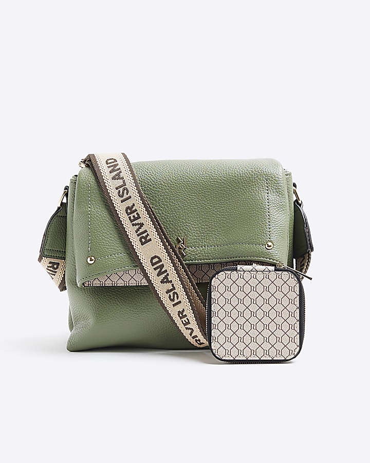 Khaki Faux Leather Flap Over Cross Body Bag