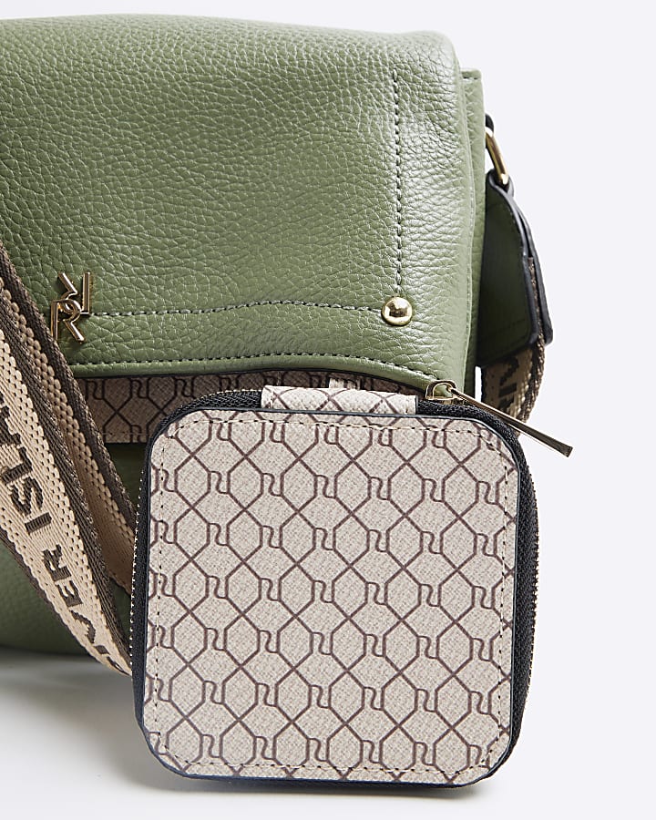 Khaki Faux Leather Flap Over Cross Body Bag