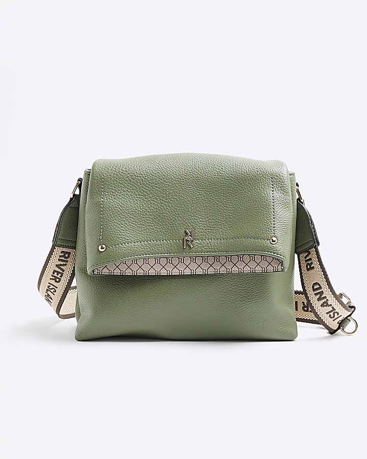 Khaki Faux Leather Flap Over Cross Body Bag