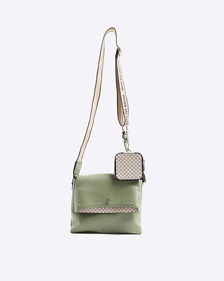 Khaki Faux Leather Flap Over Cross Body Bag