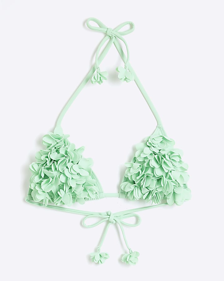 Green 3D Floral Triangle Bikini Top