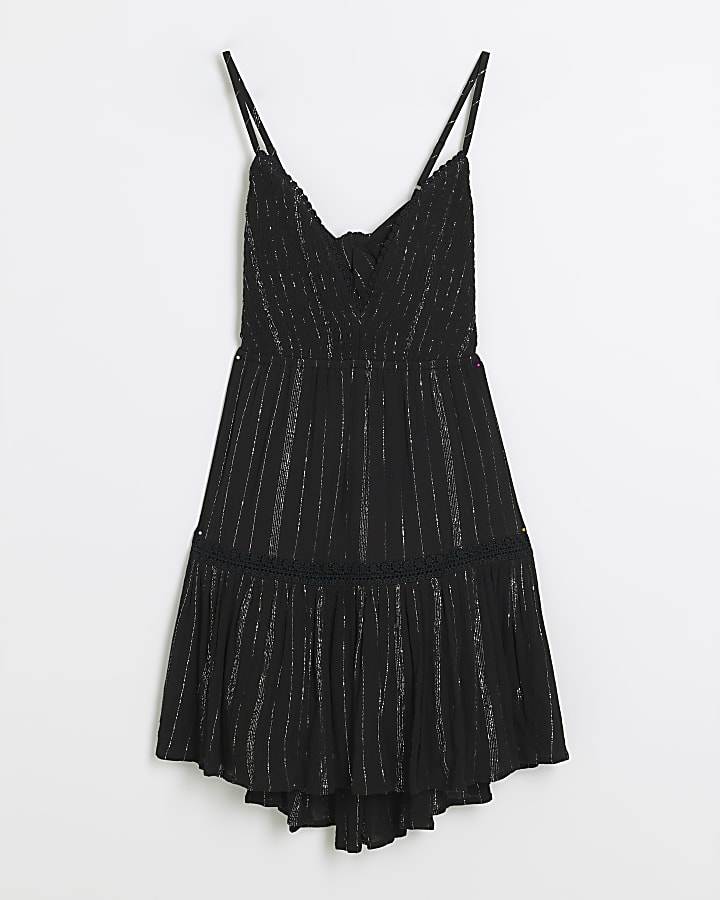Black Shirred Tiered Mini Dress