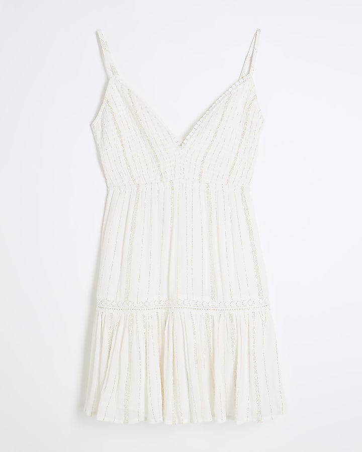 White Shirred Tiered Mini Dress