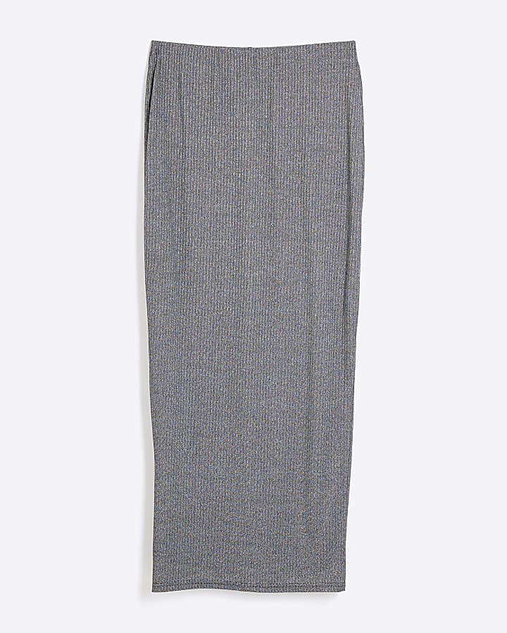 Silver Metallic Ribbed Midi Pencil Skirt