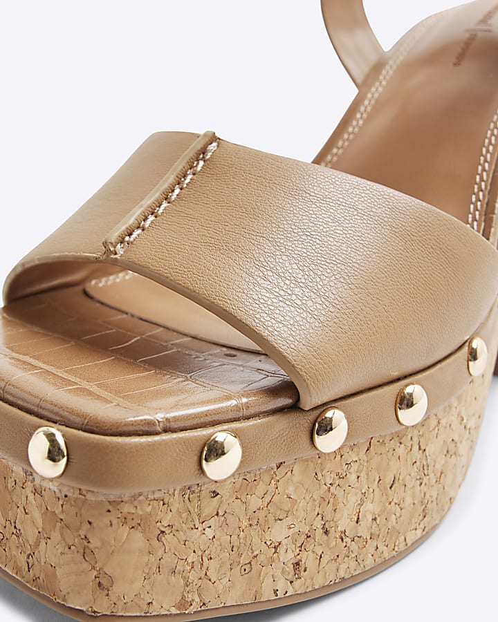 Brown Cork Platform Heeled Sandals