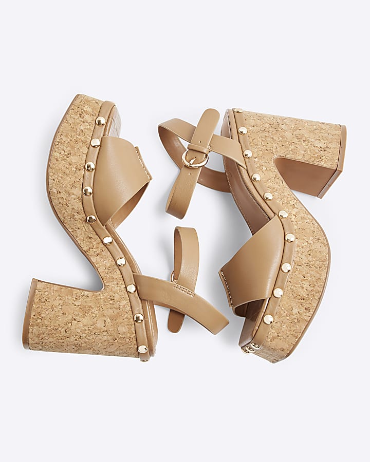 Brown Cork Platform Heeled Sandals