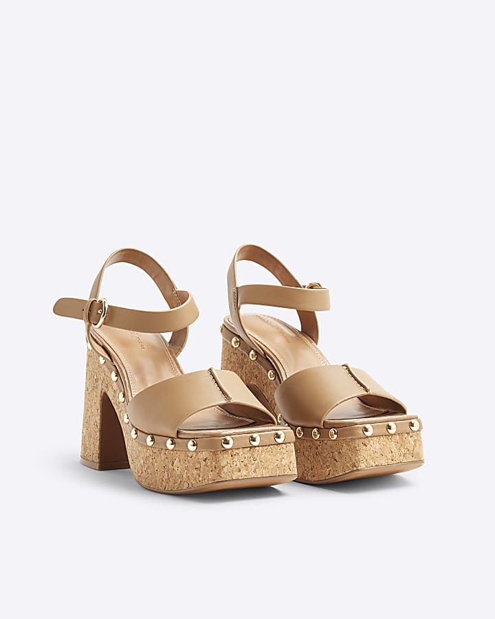 Brown Cork Platform Heeled Sandals