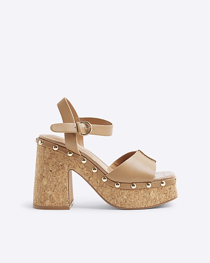 Brown Cork Platform Heeled Sandals