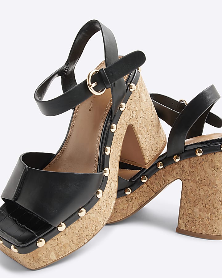 Black Cork Platform Heeled Sandals