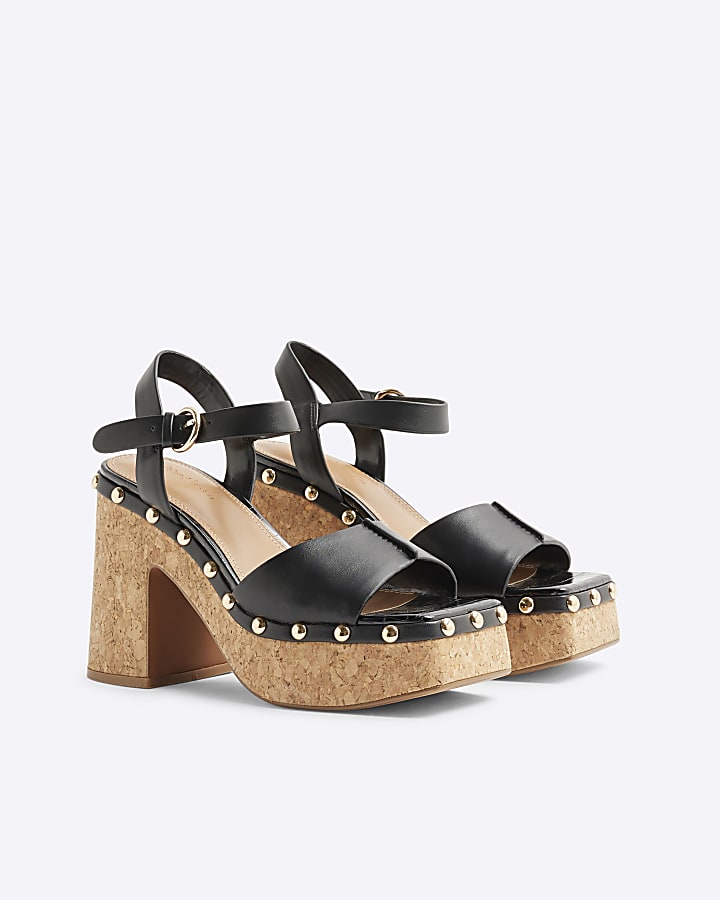 Black Cork Platform Heeled Sandals