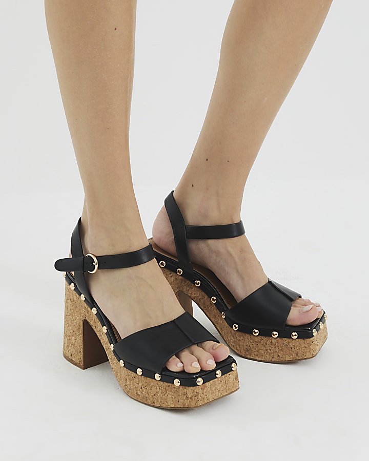 Black Cork Platform Heeled Sandals