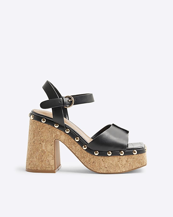 Black Cork Platform Heeled Sandals