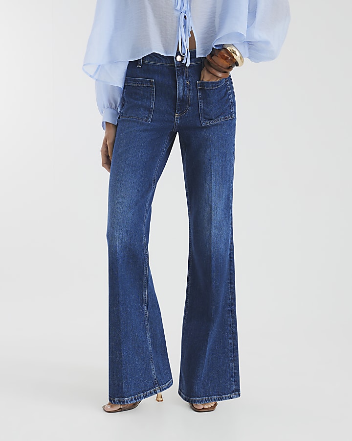 Blue High Rise Relaxed Flared Leg Jeans