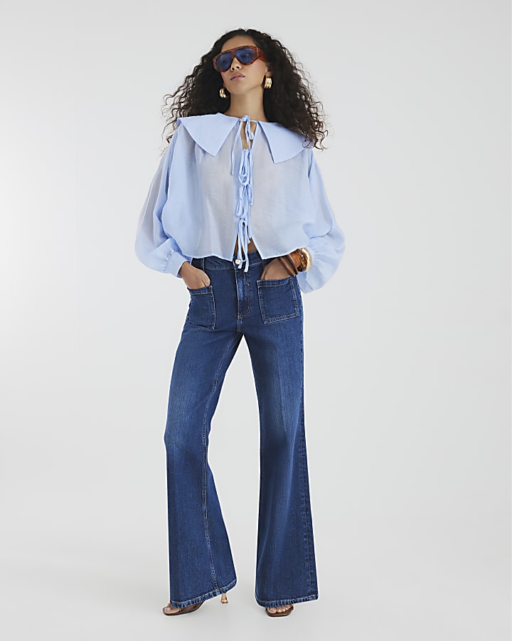 Blue High Rise Relaxed Flared Leg Jeans