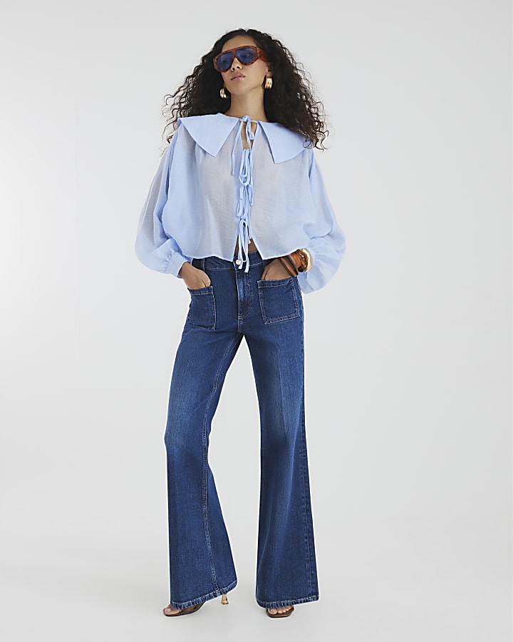 Blue Denim High Rise Relaxed Flared Jeans