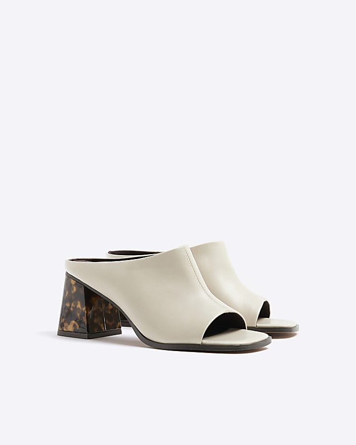 Cream Block Heeled Mule Sandals