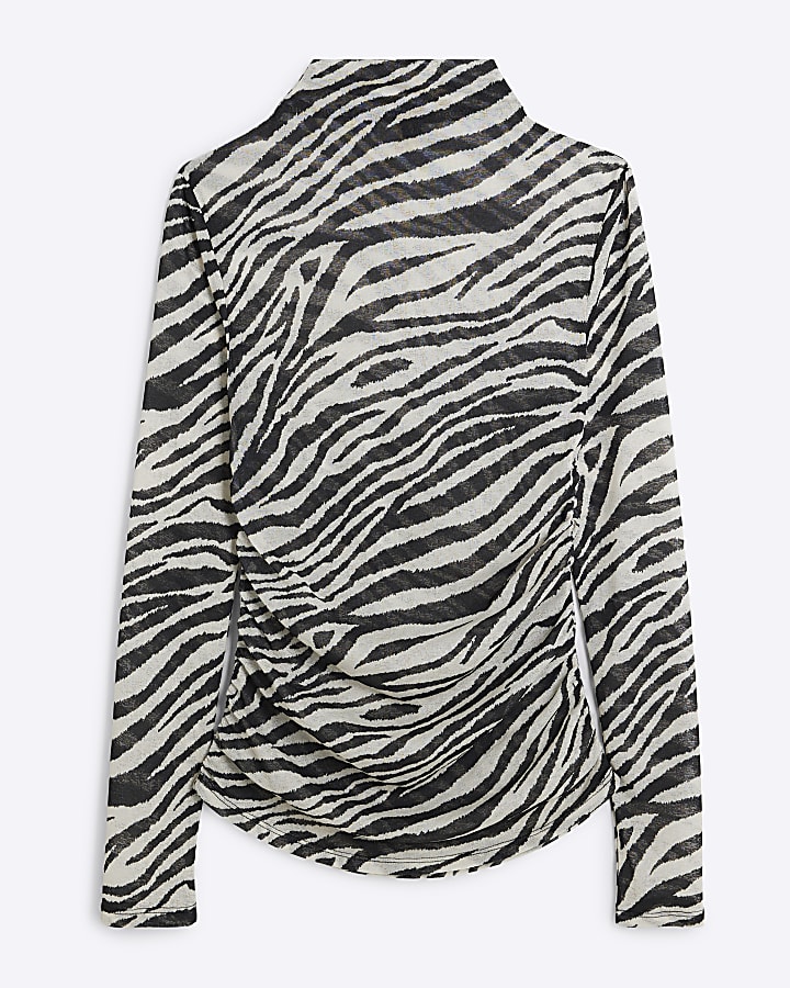 Black Long Sleeve Zebra Print Mesh Top