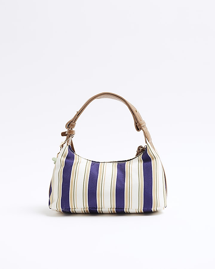 Blue Canvas Striped Charm Shoulder Bag