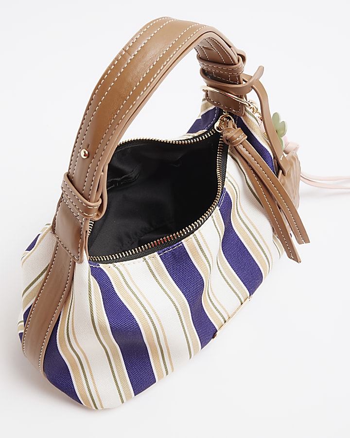 Blue Canvas Striped Charm Shoulder Bag