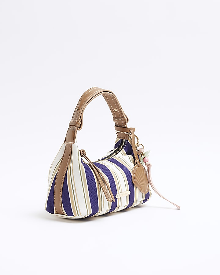 Blue Canvas Striped Charm Shoulder Bag