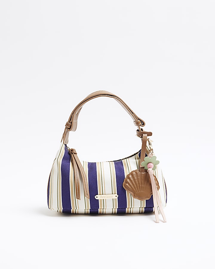 Blue Canvas Striped Charm Shoulder Bag