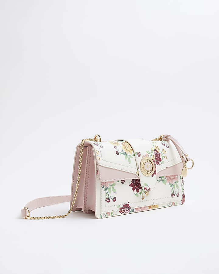 Cream Faux Leather Floral Shoulder Bag