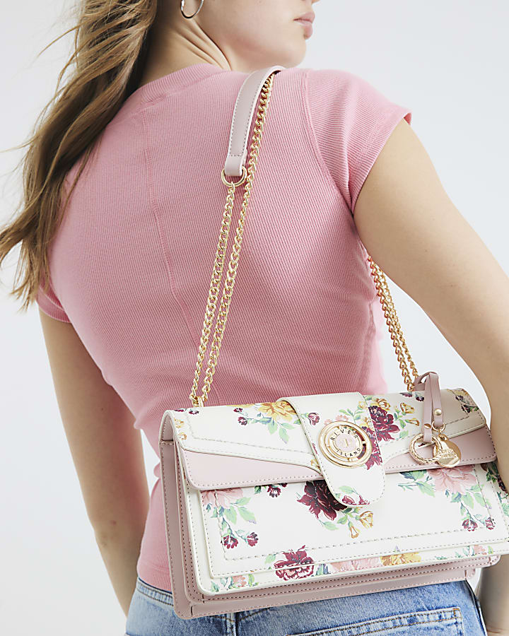 Cream Faux Leather Floral Shoulder Bag