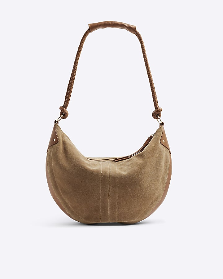 Brown Suede Knot Handle Slouchy Shoulder Bag