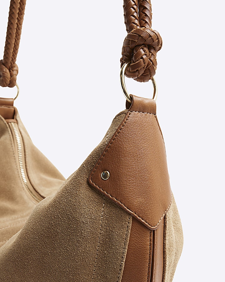 Brown Suede Knot Handle Slouchy Shoulder Bag