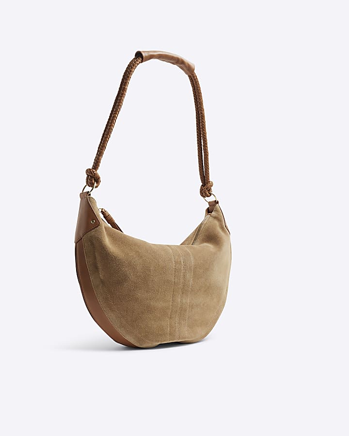 Brown Suede Knot Handle Slouchy Shoulder Bag