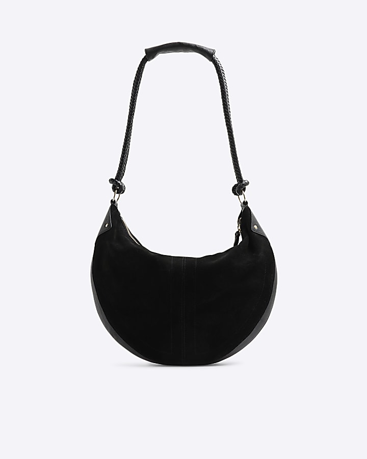 Black Suede Knot Handle Slouchy Shoulder Bag