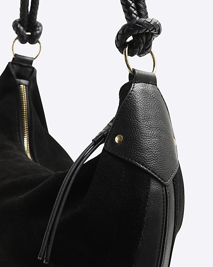 Black Suede Knot Handle Slouchy Shoulder Bag