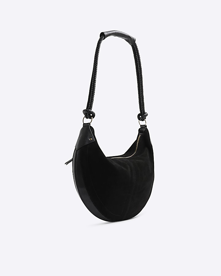 Black Suede Knot Handle Slouchy Shoulder Bag