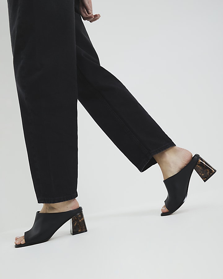 Black Block Heeled Mule Sandals