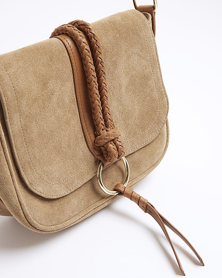 Brown Suede Braided Cross Body Bag