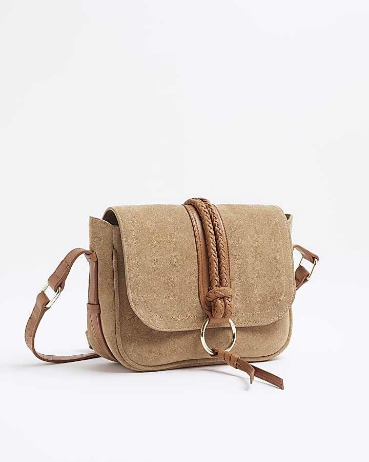 Brown Suede Braided Cross Body Bag