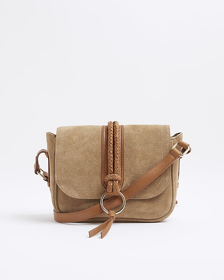 Brown Suede Braided Cross Body Bag