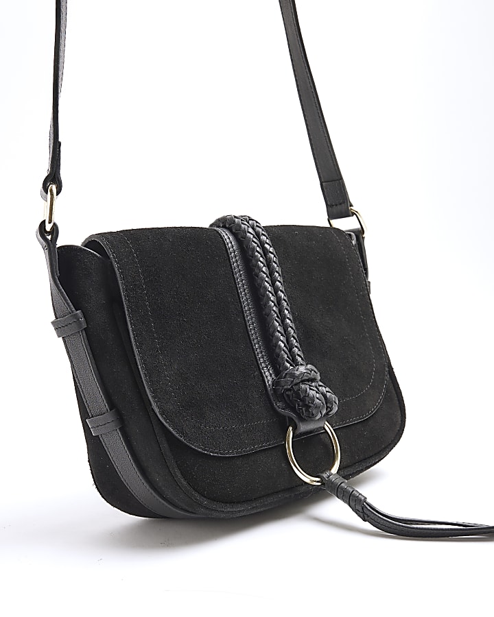 Black Suede Braided Cross Body Bag