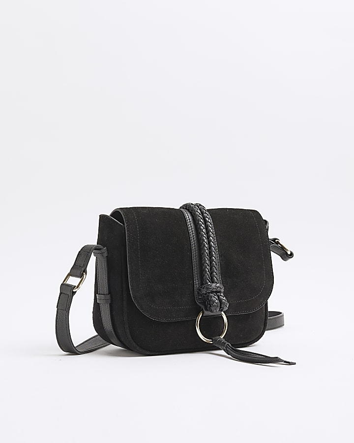 Black Suede Braided Cross Body Bag