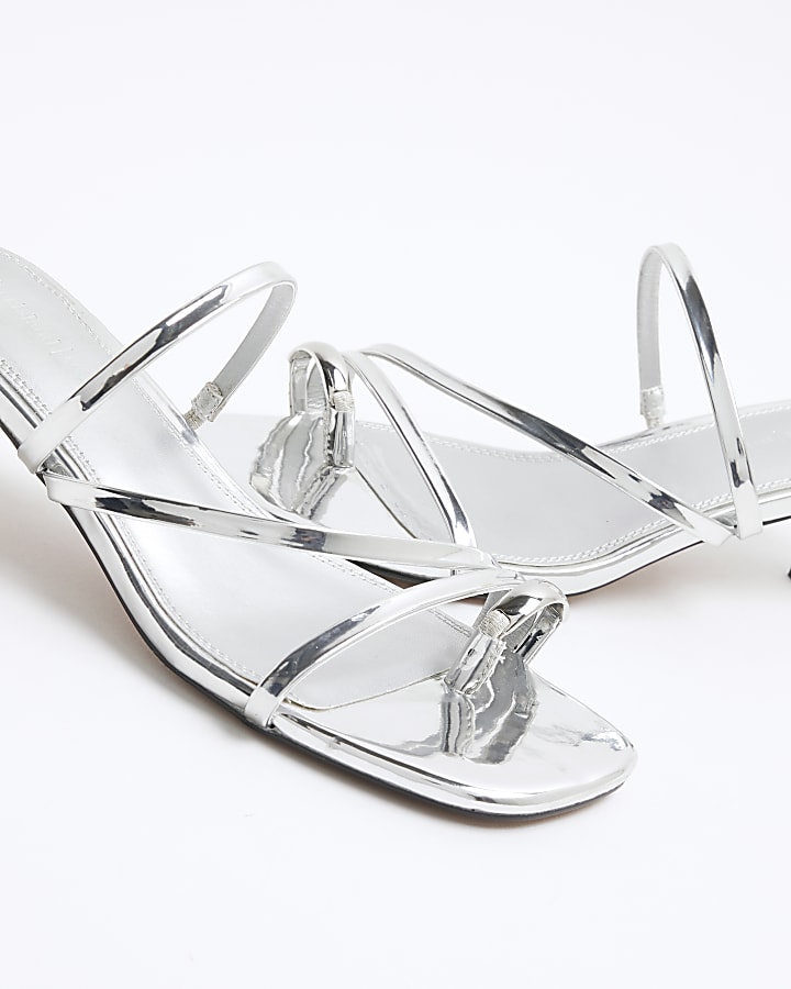 Silver Faux Leather Kitten Heel Mule Sandals