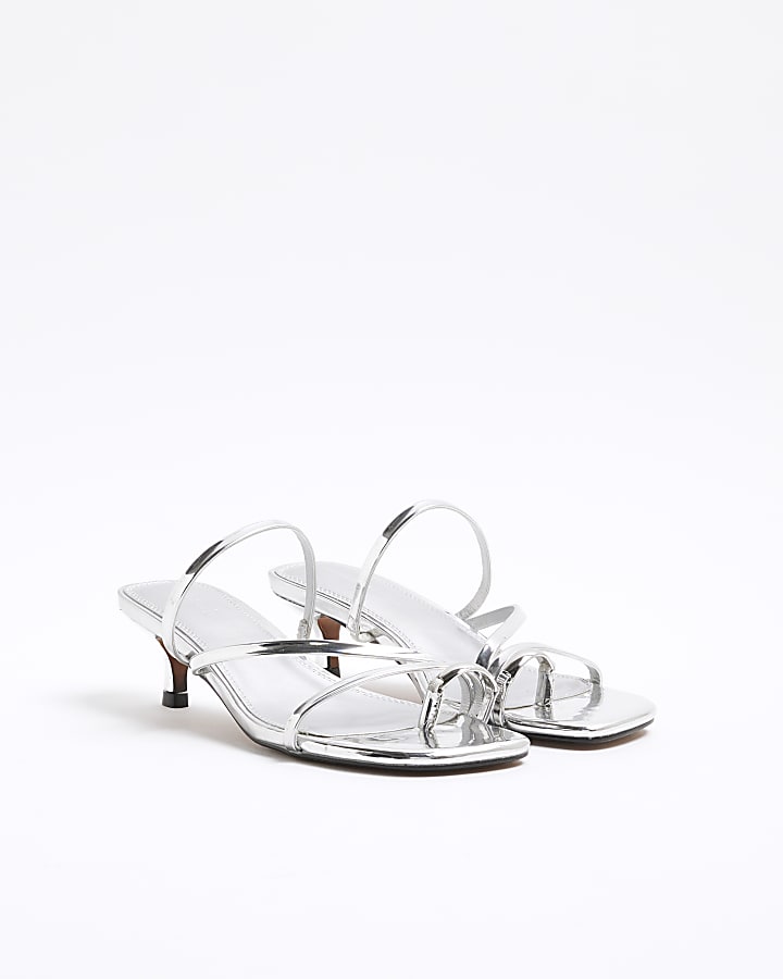 Silver Faux Leather Kitten Heel Mule Sandals