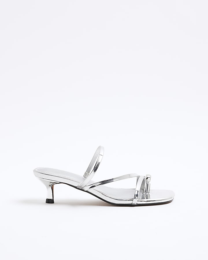 Silver Faux Leather Kitten Heel Mule Sandals