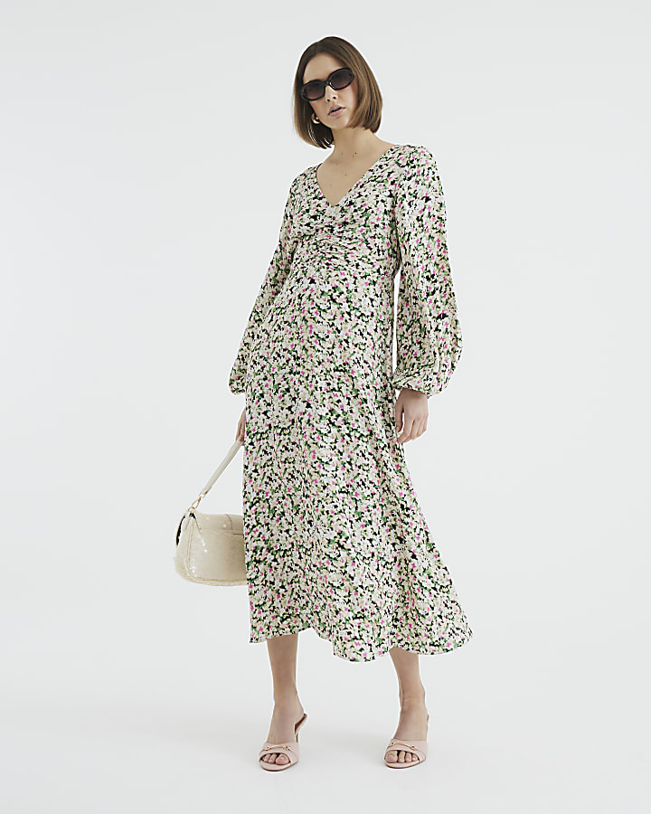 Green Long Sleeve Floral Midi Dress