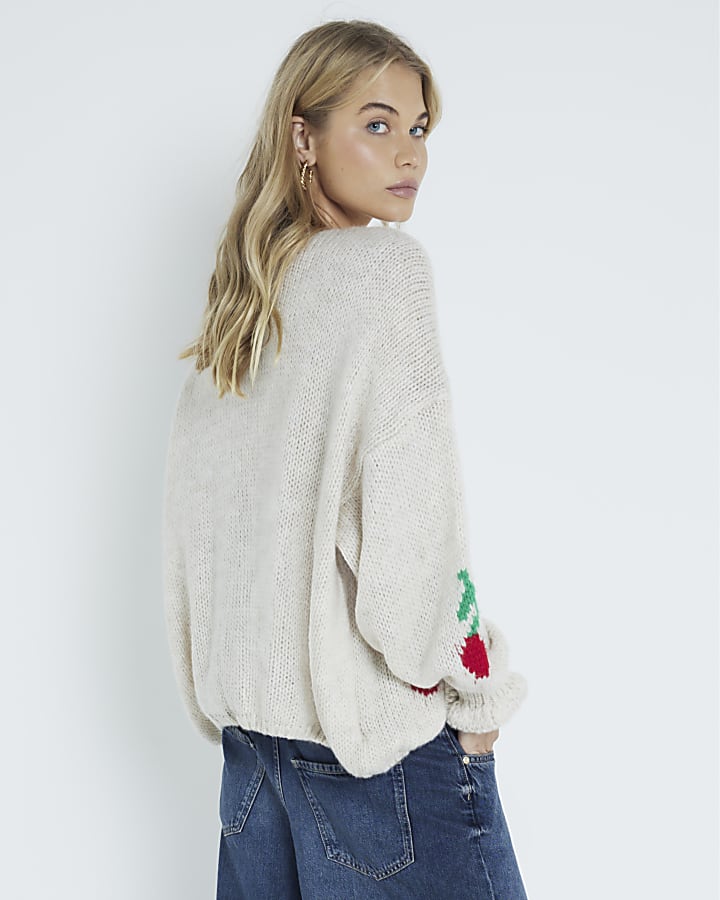 Cream Cherry Tie Front Knit Cardigan