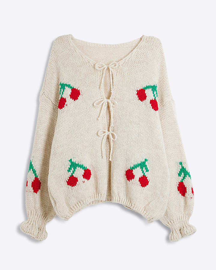 Cream Cherry Tie Front Knit Cardigan