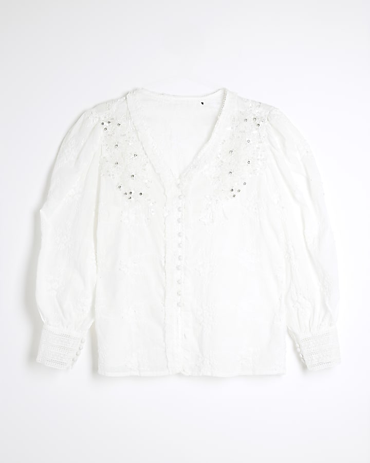 White Embellished Floral Blouse