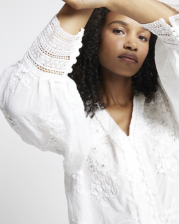 White Embellished Floral Blouse